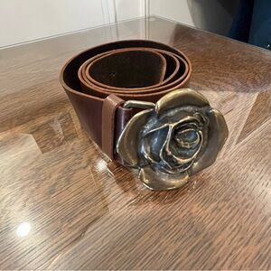 Brown Leather Belt with Rose Buckle